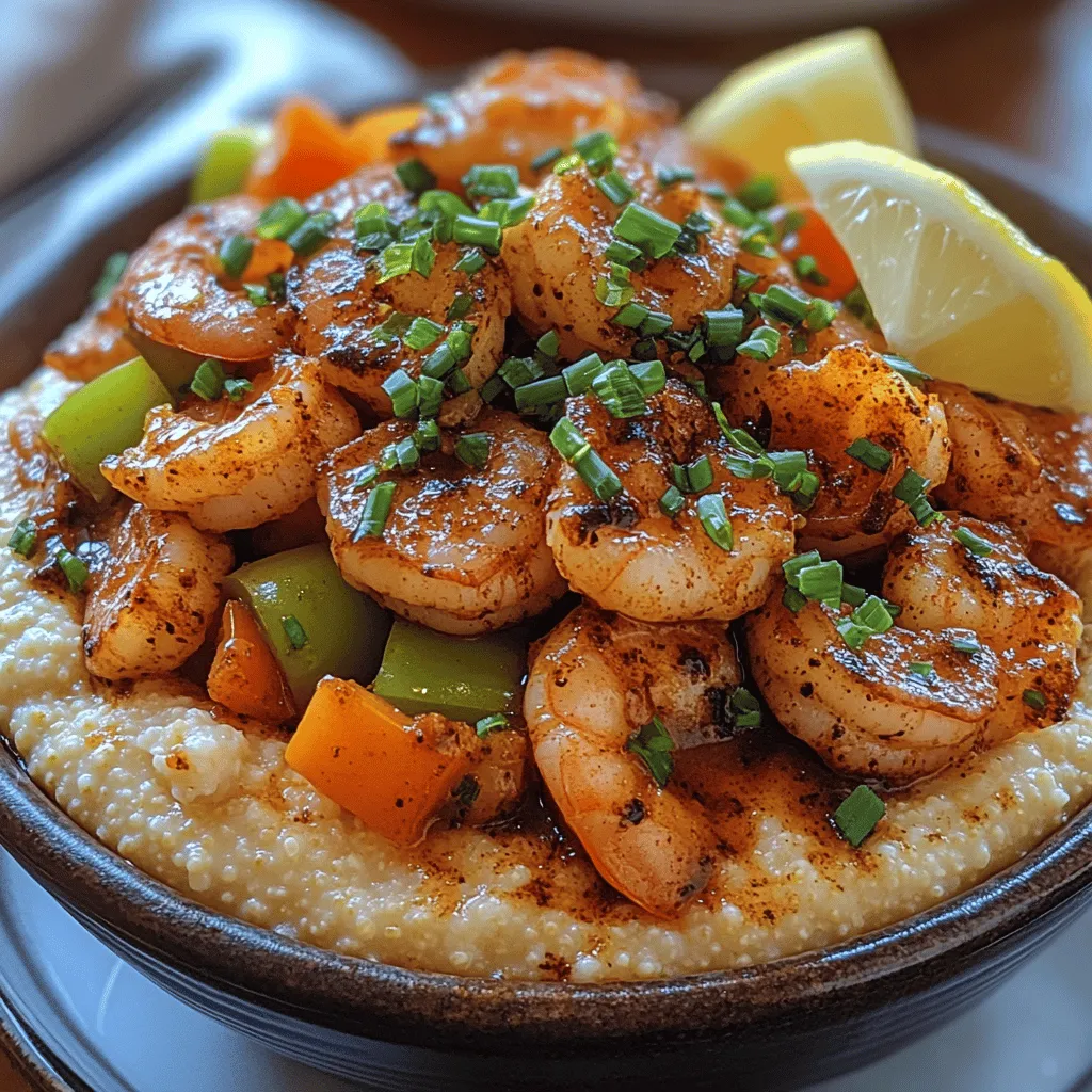 - 1 cup stone-ground grits - 4 cups chicken broth - 1/2 cup heavy cream - 3 tablespoons butter - 1 cup shredded cheddar cheese - 1 pound large shrimp, peeled and deveined - 2 tablespoons Cajun seasoning - 2 tablespoons olive oil - 1 bell pepper, diced (red or green) - 1 small onion, diced - 2 cloves garlic, minced - 1/4 cup sliced green onions (for garnish) - Lemon wedges (for serving) - Salt and freshly ground black pepper to taste