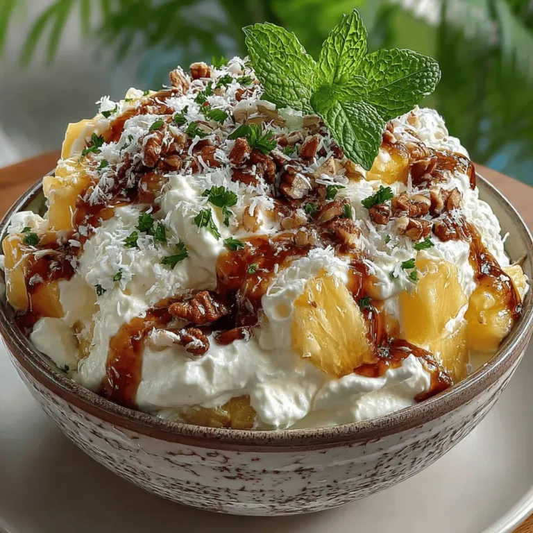 When it comes to refreshing and delightful dishes, few can rival the Tropical Bliss Creamy Pineapple Salad. This vibrant salad encapsulates the essence of tropical flavors with its creamy texture and a medley of complementary ingredients. Perfectly suited as both a side dish and a dessert, this salad is a versatile addition to summer barbecues, holiday gatherings, or simply as a light snack. The combination of fresh pineapple, mini marshmallows, and creamy yogurt creates a dish that is not only visually appealing but also a treat for the palate.