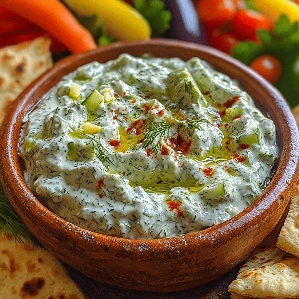 Tzatziki is a beloved dip that embodies the flavors of the Mediterranean, traditionally made with creamy yogurt, crisp cucumbers, garlic, and a splash of olive oil. This refreshing concoction has become a staple in Mediterranean and Middle Eastern cuisine, often served alongside grilled meats, pita bread, or simply enjoyed as part of a meze platter. The cool, tangy profile of tzatziki makes it a perfect accompaniment to warm dishes, providing a delightful contrast that enhances the overall dining experience.