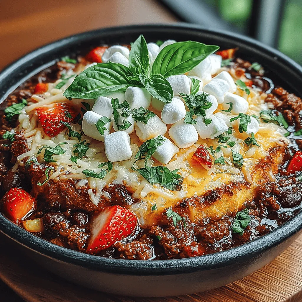 Introducing the Neapolitan Cake Chili Delight, a uniquely playful take on traditional chili that brings together an exciting medley of flavors and textures. This innovative dish is not your average bowl of chili; it combines the richness of savory ingredients with the unexpected sweetness of a Neapolitan cake, featuring strawberries and fluffy mini marshmallows. The result is a delightful dish that offers warmth and joy, perfect for family dinners or casual gatherings with friends. Whether you're hosting a festive event or simply looking to elevate your weeknight meal, this recipe promises to surprise and delight your taste buds.