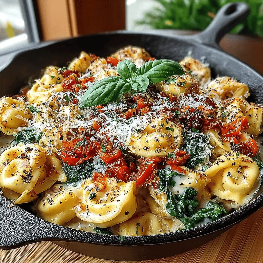 To create the luscious sauce for your Creamy Tomato Tortellini Skillet Delight, you’ll want to start by properly mixing the tomatoes and broth. Begin by heating a large skillet over medium heat. Once the skillet is warm, add your diced tomatoes (canned or fresh) along with the vegetable or chicken broth. Use a wooden spoon to stir the mixture gently, allowing the acidity of the tomatoes to blend seamlessly with the savory notes of the broth.