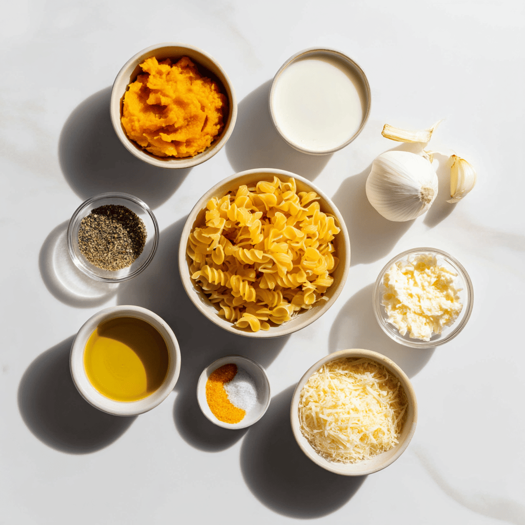 Ingredients for One-Pan Cheesy Pumpkin Pasta for a Fast Family Dinner